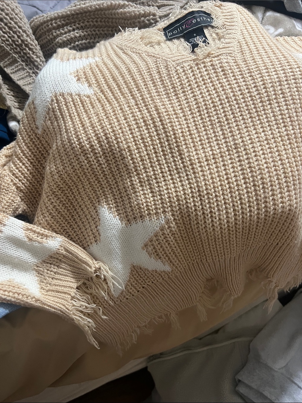 Polly & Esther Cream Star Distressed Scoop Neck Sweater